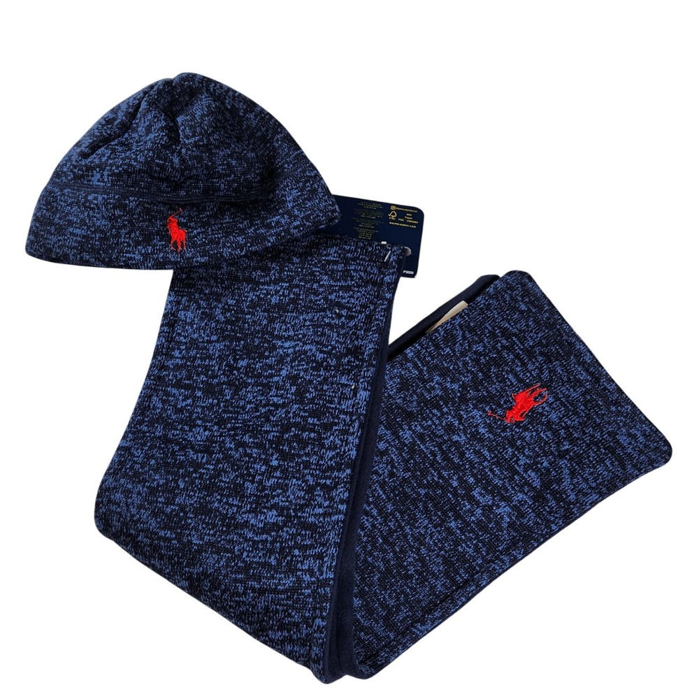 Polo Ralph Lauren Youth Beanie Scarf Set Blue Knit Embroidered Pony Discontinued